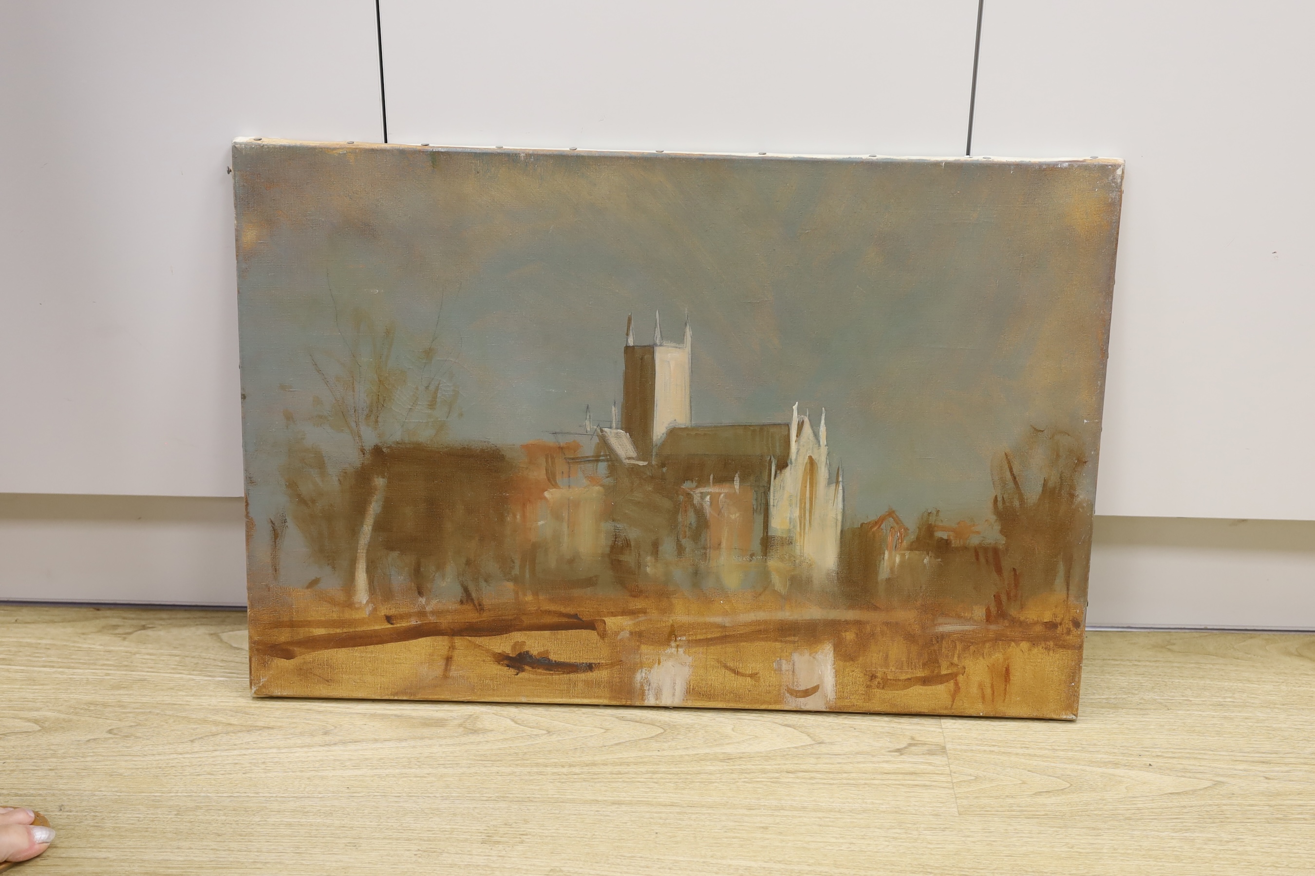 Follower of Edward Seago, oil on canvas, Study of a church, 51 x 76cm, unframed. Condition - fair, some craquelure and surface dirt to the canvas